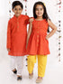 Vastramay Orange Handloom Cotton Striped Siblings Set
